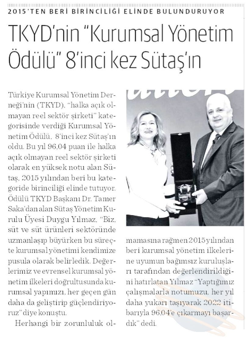 Türkiye Kurumsal Yönetim Derneği’nin “Kurumsal Yönetim Ödülü” 8.kez Sütaş’ın oldu. 