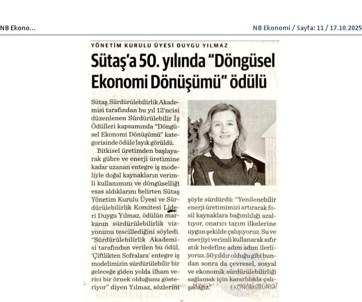Sütaş’a 50. yılında “Döngüsel Ekonomi Dönüşümü” Ödülü Sütaş’a 50. yılında “Döngüsel Ekonomi Dönüşümü” Ödülü