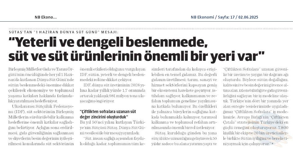 Sütaş’tan 1 Haziran Dünya Süt Günü Mesajı